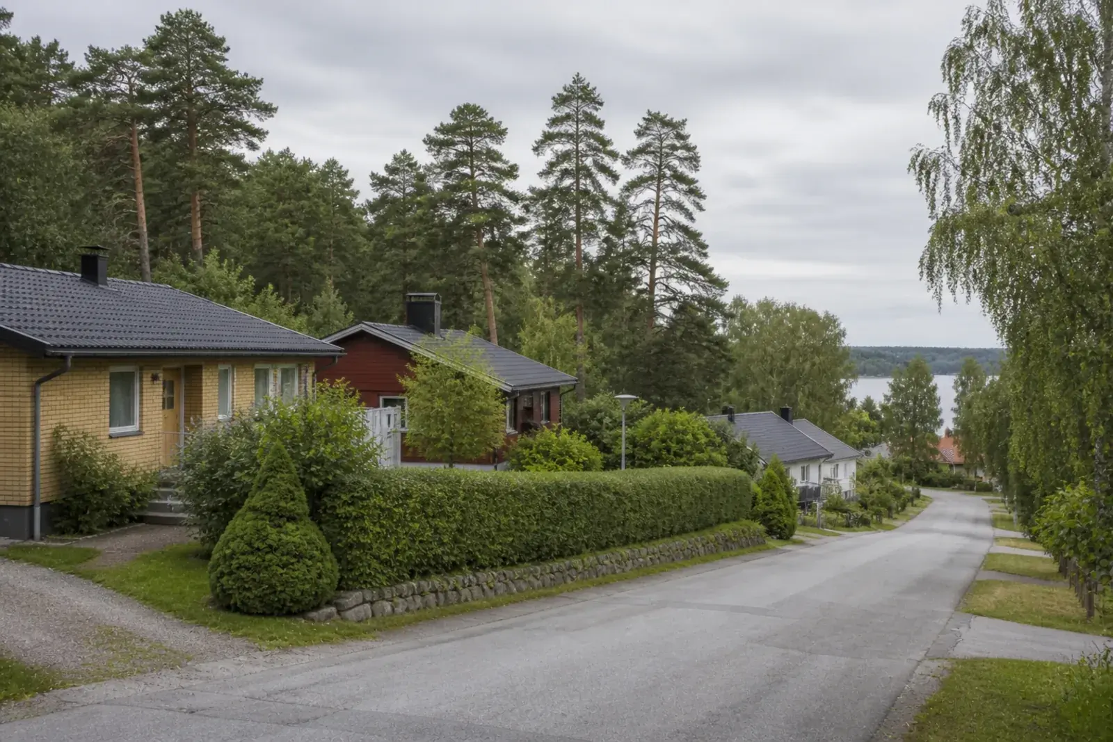 Villor i utkanten av tall- och björkskog med vatten i bakgrunden, typiskt för naturnära bebyggelse i Södertälje