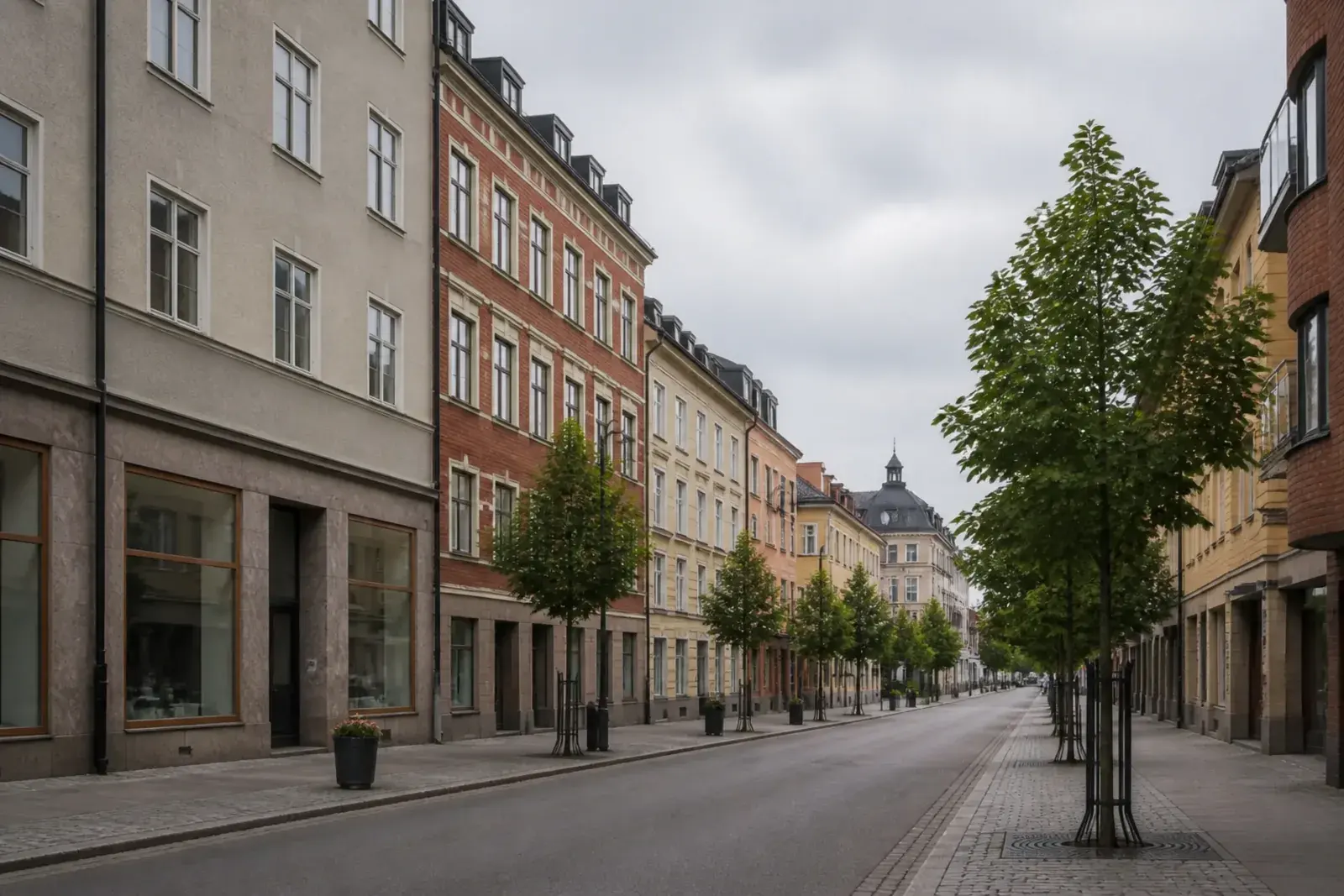 Stadsgata med äldre flerbostadshus i puts och tegel och butikslokaler i bottenvåningen, typiskt för centrala Södertälje
