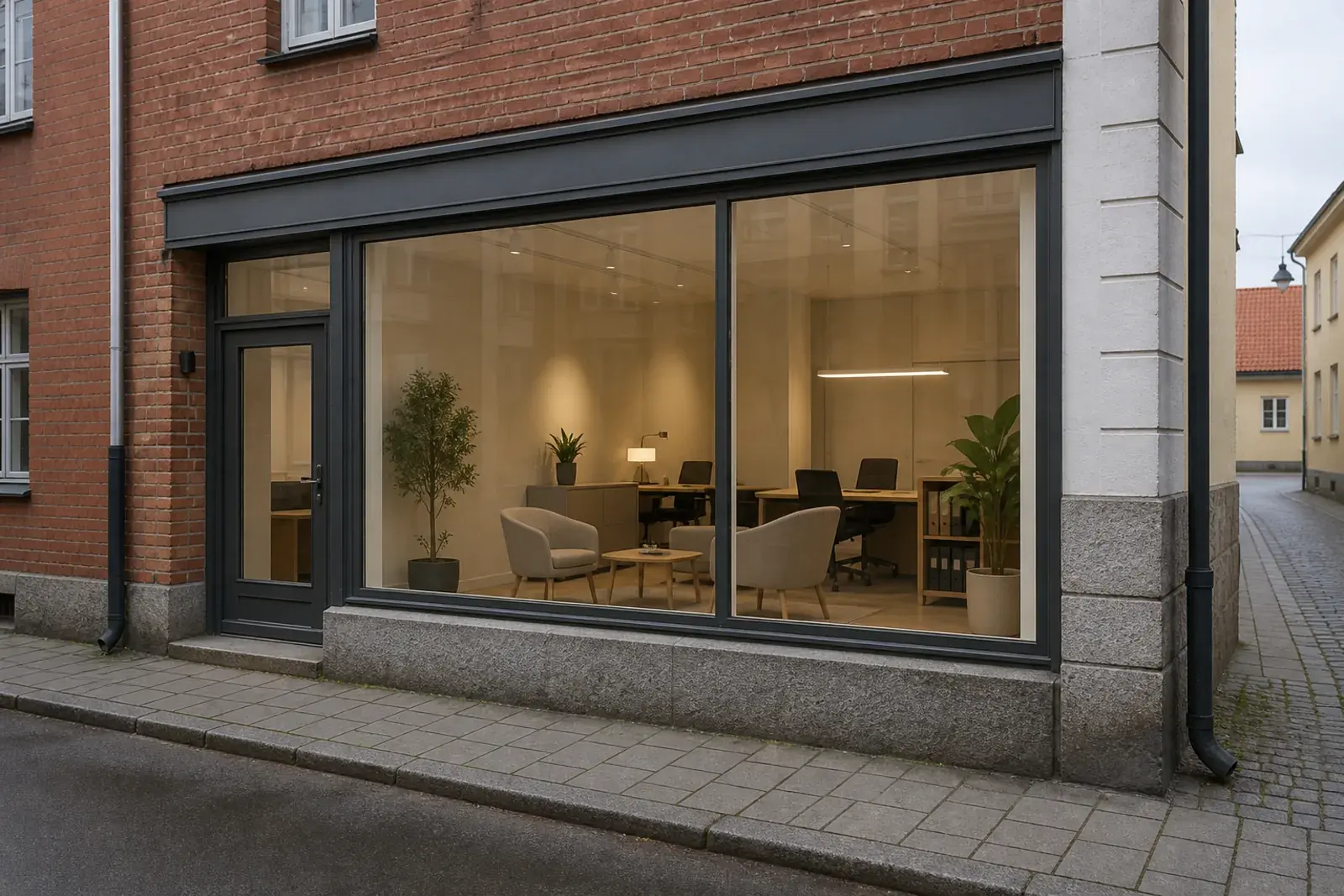 Fasaden till ett mindre mäklarkontor med stort skyltfönster mot gatan
