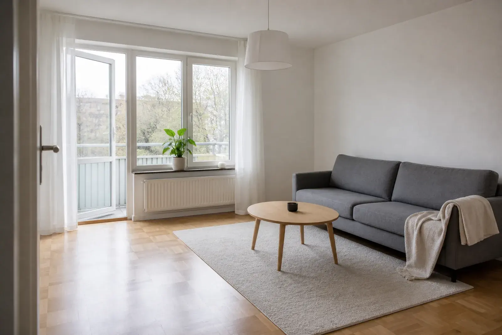 Ljus lägenhet med parkettgolv och balkongdörr, fotograferad under en visning