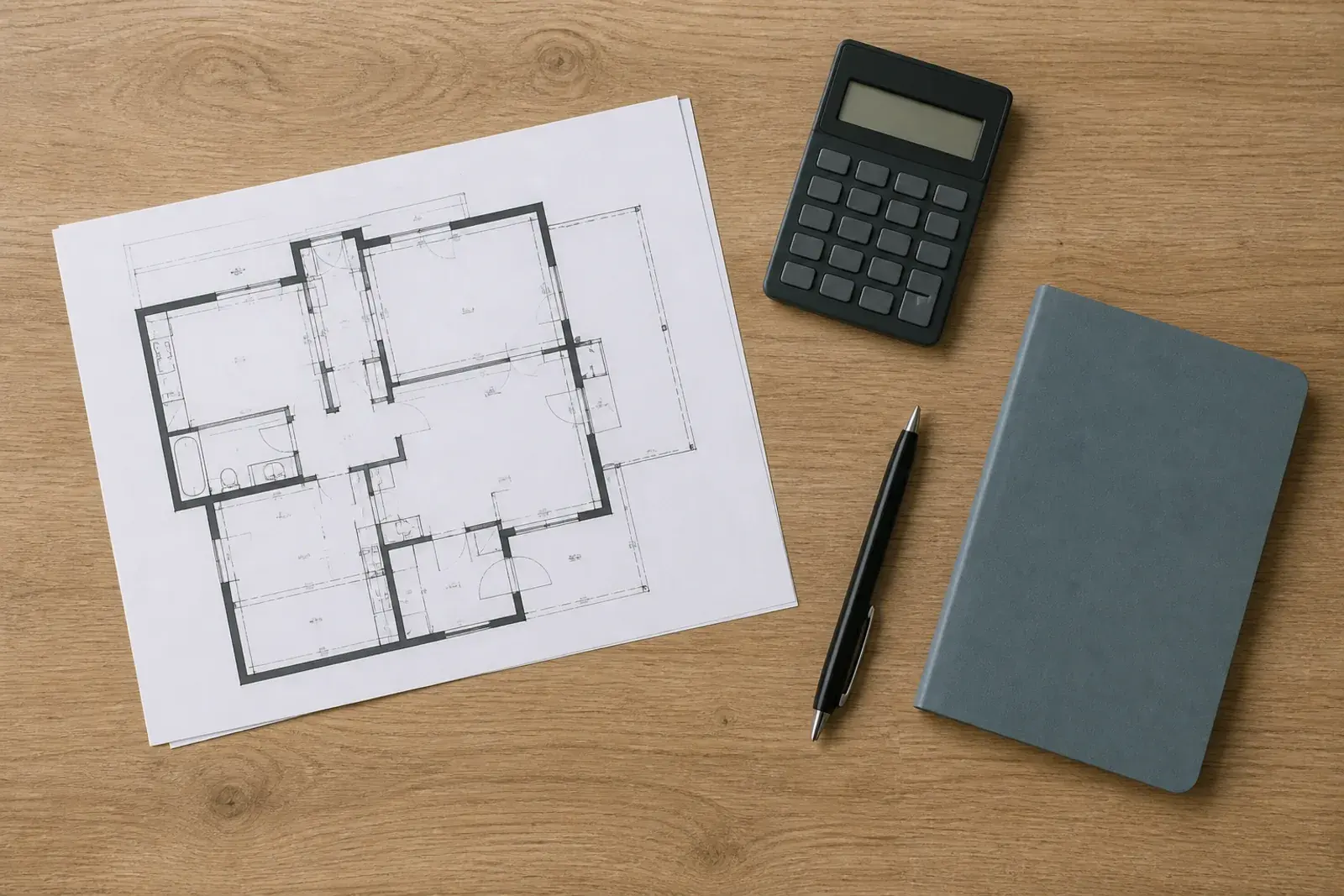 Planritning, miniräknare och anteckningsblock på ett skrivbord